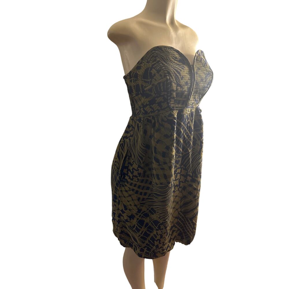 10 Anthropologie Maple Silken Stitches Strapless Green Print Dress 100% Silk